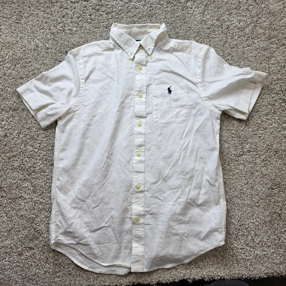 Ralph Lauren Performance Shirt Boys L 14-16 White Cotton Blend Preppy S/S